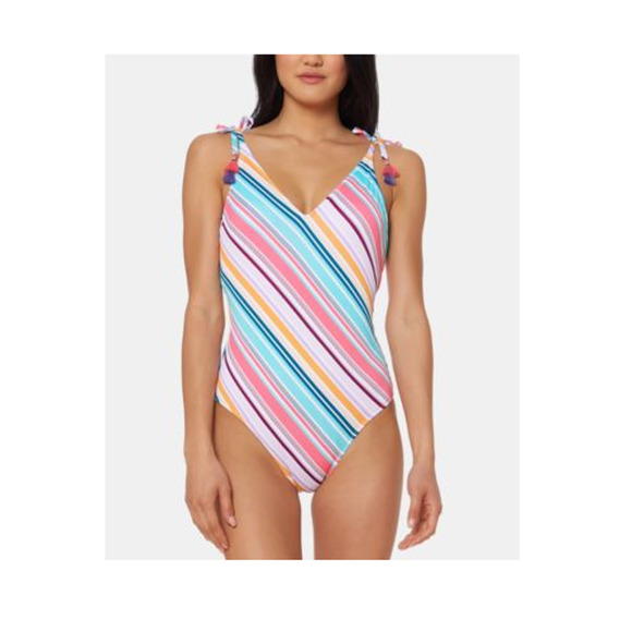 Jessica Simpson Womens Striped V-Neck One-Piece Swimsuit Tassel Tie XL New - Picture 1 of 6